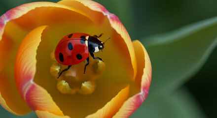 Vibrant red ladybug exploring the soft inner petals of a beautiful orange yellow tulip in gentle light. AI Generated