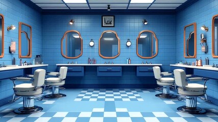Modern barber shop interior with blue decor and mirrors