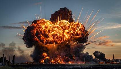 Dramatic explosion showcasing intense energy and destructive power at twilight