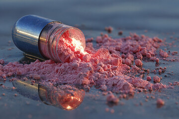 Pink substance spilling from a capsule, depicting concepts of health, medicine, and pharmaceutical innovation