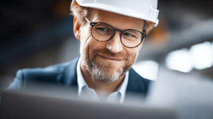 A confident engineer wearing a hard hat and glasses examines blueprints in a bright, modern workspace, showcasing professionalism.