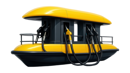 Floating marine fuel station with flexible hoses for easy access.