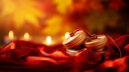 Castanets. Traditional castanets resting on crimson silk, glowing with candlelight and autumn foliage behind. Representing seasonal cycles and harvest abundance.