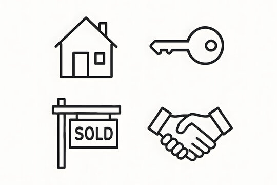 Property Icons: A minimalist arrangement of property-related icons featuring a house, key, sold sign, and handshake, representing homeownership and real estate transactions. - Powered by Adobe
