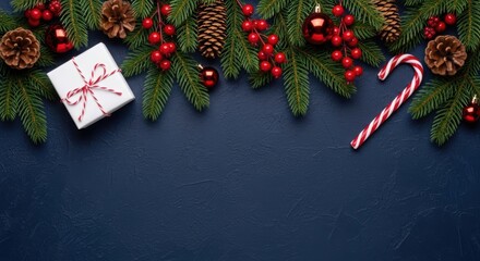 Holiday background with fir branches, pinecones, berries, gift, and candy cane