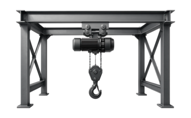 Overhead gantry system with rails and electric hoist for cargo handling.