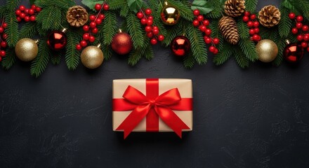 Christmas gift box with red ribbon and festive garland on dark background