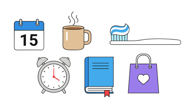 Daily routine concept with planning, hygiene, and leisure icons