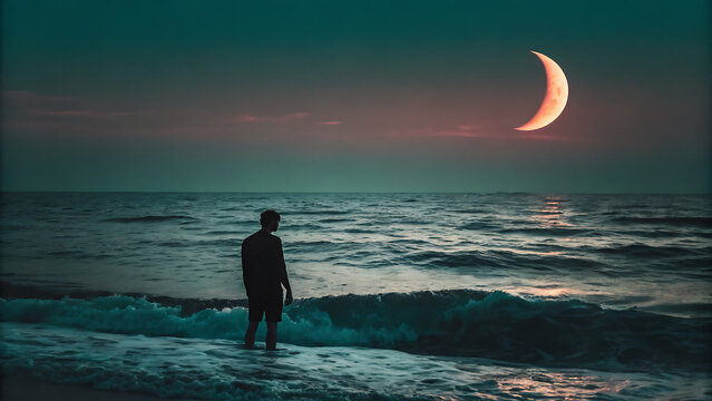 A lone figure stands in the vast ocean under a dramatic night sky, gazing at a luminous crescent moon reflecting on the gentle waves