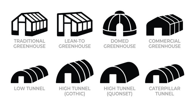 Black silhouettes of greenhouse types traditional, lean-to, domed, commercial, low tunnel, high tunnel.