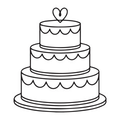 Simple hand drawn outline of a three tier wedding cake with a heart on top