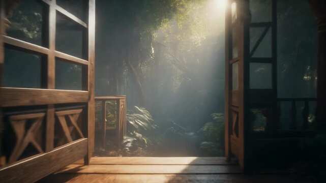 Wooden veranda opens to lush garden with sunlight streaming through