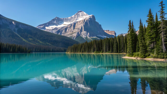 Vibrant turquoise lake reflects a majestic snowcapped mountain and dense evergreen forest under a clear blue sky, showcasing serene alpine beauty