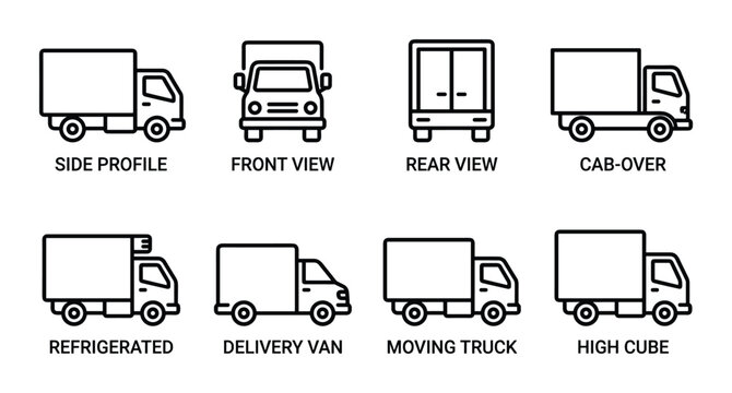 Box truck outline icons set. Side profile front rear view cab-over refrigerated delivery van moving high cube.