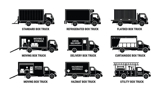 Box truck transport vehicle icons. Standard refrigerated flatbed moving delivery curtainsider hazmat utility.