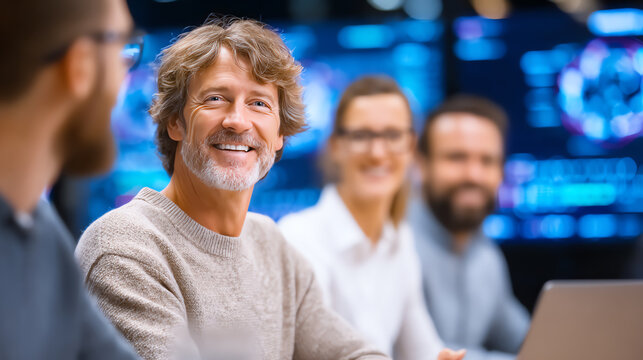 A diverse team engages in a productive meeting, showcasing collaboration and innovation in a modern workspace.