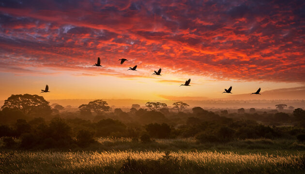 sunset over the field with ibis birds flying on the red dramatic sky