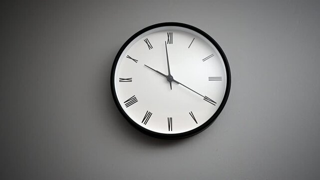 Minimalist wall clock with Roman numerals hanging on a gray wall showing ten past ten in modern interior