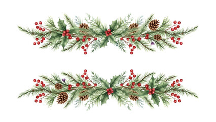  Watercolor Christmas Pine and Holly Berry Border Divider Set on White