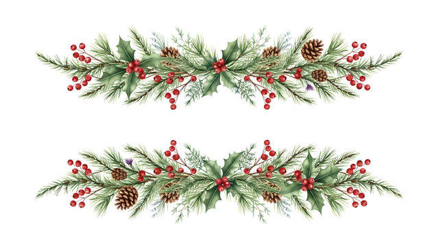  Watercolor Christmas Pine and Holly Berry Border Divider Set on White