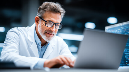 A focused professional in a lab coat working on a laptop, illustrating modern technology in a contemporary office setting.