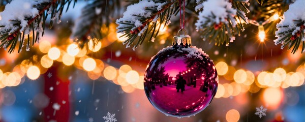  Shiny Purple Christmas Bauble on Snowy Pine Branch with Golden Bokeh Lights Background