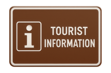 Brown rectangular tourist info sign featuring white text and an icon.