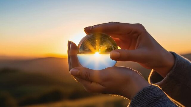 A close-up shot beautifully captures human hands gently cradling a pristine crystal sphere, set against the warm, golden light of a breathtaking sunset or sunrise. The radiant sun, painted in vibrant 
