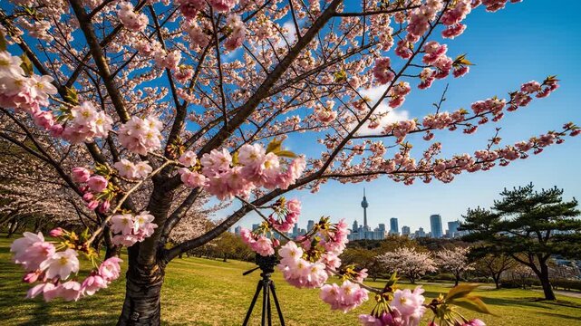 Timelapse footage Cherry tree in a Seoul park shift from winter branches to full pink blossoms; Cherry Blossoms in Seoul Park Symbolize Spring, Renewal, Travel Websites, Nature Blogs video