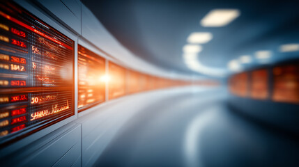 A futuristic corridor illuminated by glowing screens displaying data, creating a blend of modernity and innovation in a tech environment.