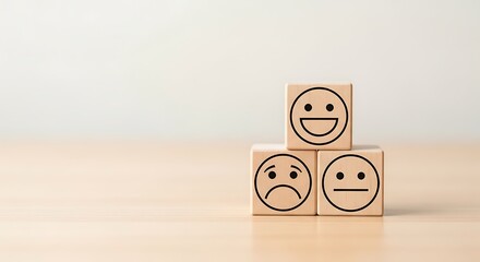 Customer satisfaction and user experience rating concept. Wooden blocks display happy, sad, and neutral face emojis for feedback