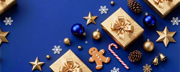  Luxury Christmas Flat Lay Background with Golden Gifts and Ornaments on Dark Blue