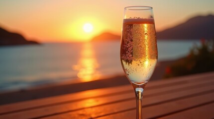 Golden Sunset Reflections with Sparkling Wine by the Seaside Bliss
