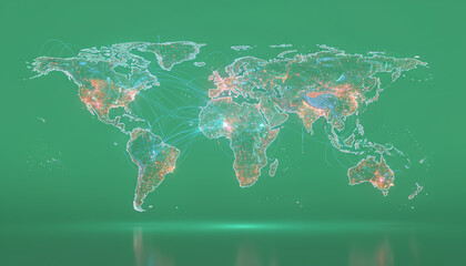 A futuristic digital map showcasing global connections with colorful visual elements, representing technology and communication.