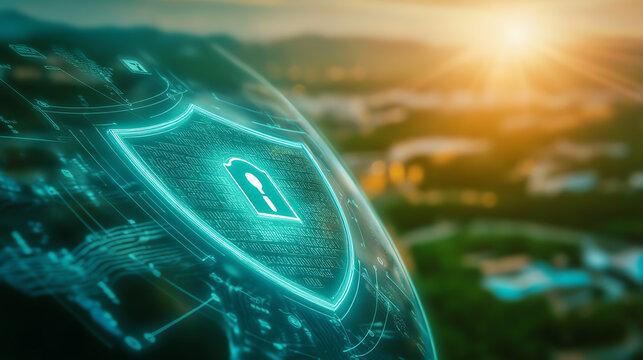 A futuristic digital padlock symbolizing cybersecurity with a sunrise backdrop, representing data protection and innovation.