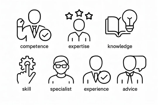 Icons of Expertise: A collection of concise icons depicting key aspects of professional competence, each symbolizing the key elements of specialized expertise.