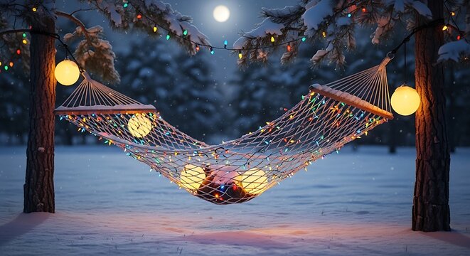 Cozy winter night scene with a person relaxing in a hammock adorned with festive fairy lights