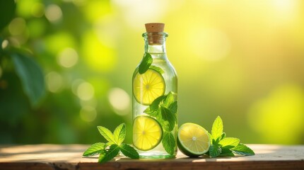 Glass bottle of essential oil infused with lemon slices and fresh mint leaves