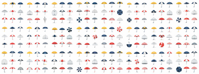 Seamless pattern featuring a wide variety of colorful umbrellas, including red, yellow, blue, and striped designs, illustrated in flat vector style.