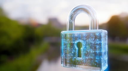 A futuristic transparent padlock representing digital security and privacy in a serene outdoor setting.