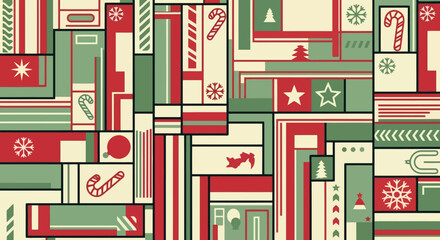Festive Christmas pattern with holiday symbols and decorations in red and green colors.
