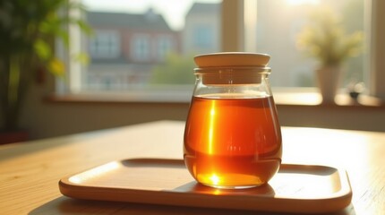 Glass jar of golden honey on a wooden tray with sunlight streaming through a window