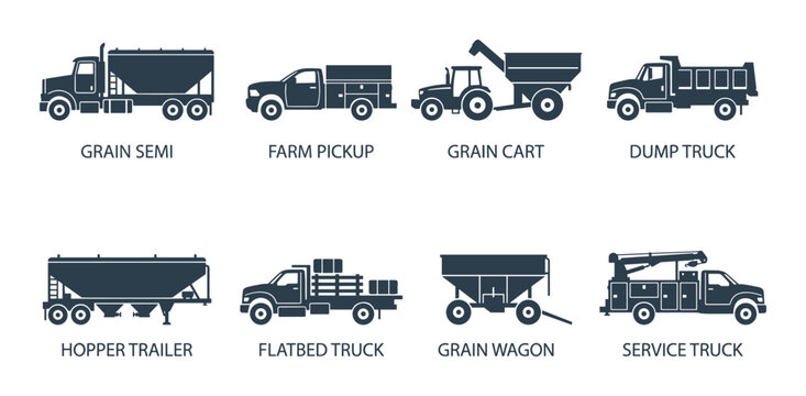Collection of various grain, farm, and dump trucks with trailers black icons for transport