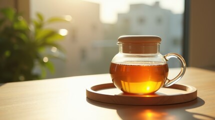 Glass jar of golden honey on a wooden tray with sunlight streaming through a window