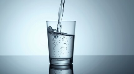 Clear water being poured into a tall glass on a reflective surface