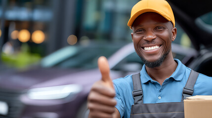 A happy delivery man gives a thumbs up while holding a package, showcasing excellent customer service and reliability.