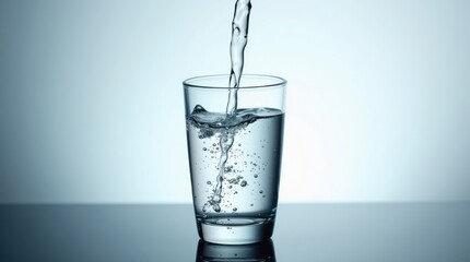 Clear water being poured into a tall glass on a reflective surface
