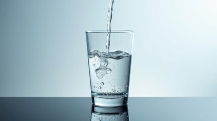 Clear water being poured into a tall glass on a reflective surface