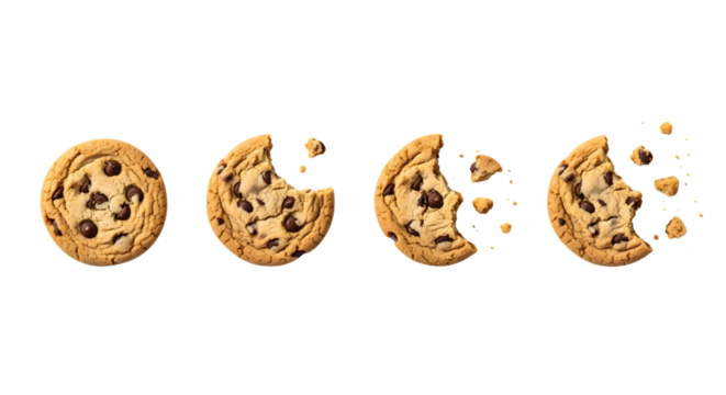 Chocolate chip cookie breaking apart in stages