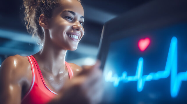 A happy woman exercises, monitoring her heart rate on a screen, embodying fitness and wellness in a modern gym environment.